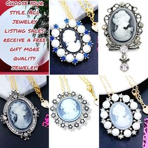 Choose one Silver plated crystal pearl cameo necklace/brooch with gold chain